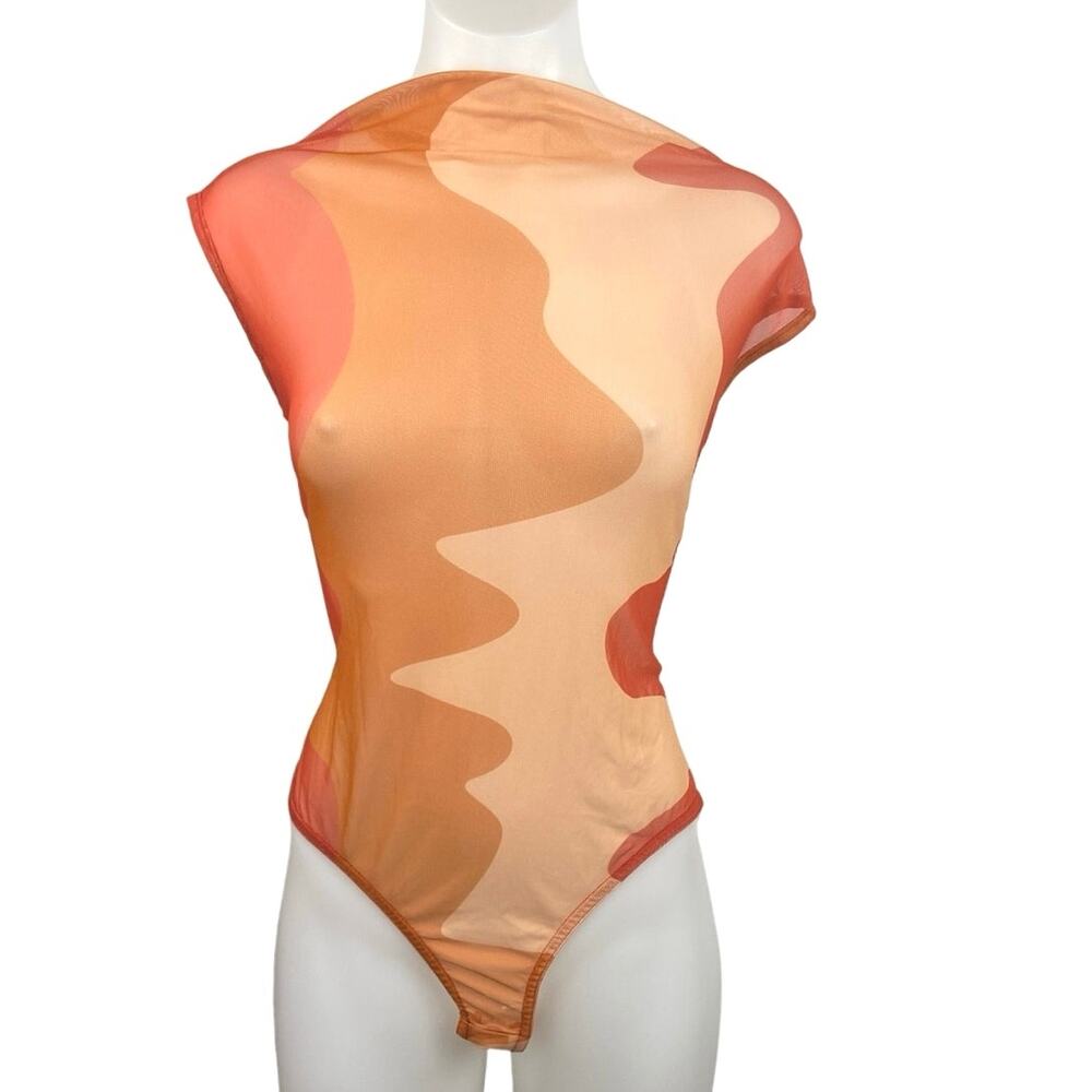 Pretty Little Things Women Orange Abstract Wave Print Sleeveless Bodysuit Top 10